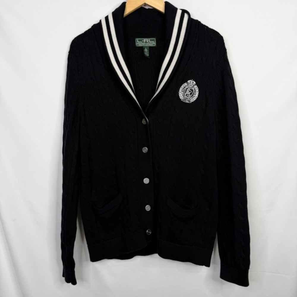 Lauren Ralph Lauren Active Cardigan Black Varsity‎ Cable Knit Shawl Collar Sz XL - Picture 3 of 7